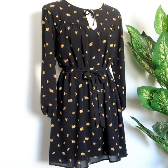 Madewell Black & Yellow Tie-Waist 3/4 Sleeve Mini Dress in French Daisies Small - Picture 1 of 15